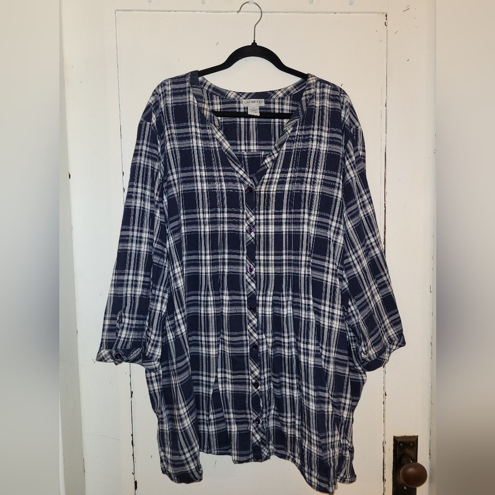 5x light navy plaid button up blouse by Catherines